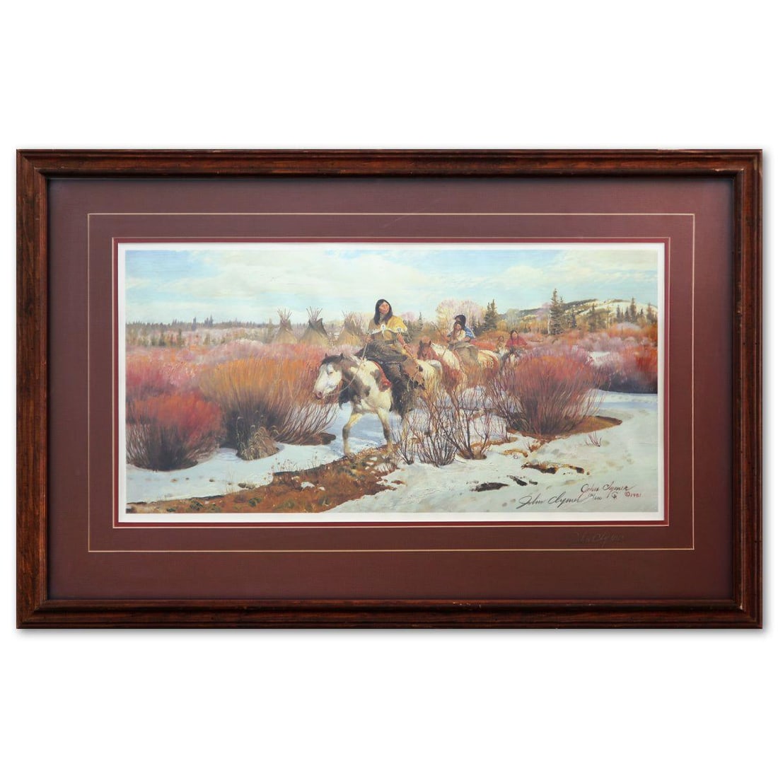 John Clymer- Offset Lithograph "Winter's End": Artist: John Clymer. Medium: Offset Lithograph. Title: Winter's End. Size: 12" x 22". Measures approx. 20" x 30.5" (framed). Signature: Signed and numbered. Additional: Disclaimer: The frame shows som