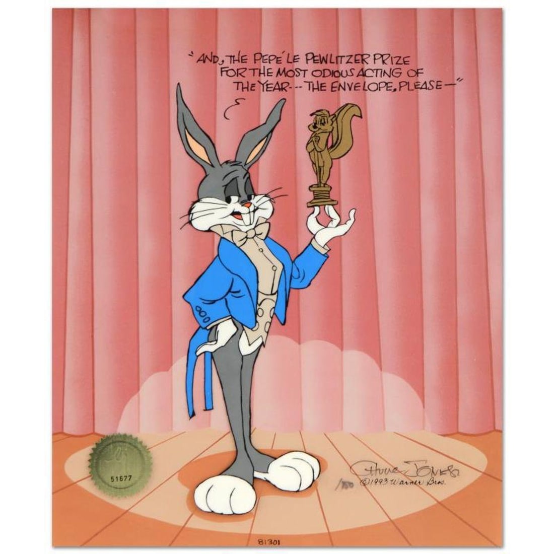 Pewlitzer Prize by Chuck Jones (1912-2002). Limited Edition Animation Cel with Hand Painted Color: Own this amazing piece based on the original line image hand drawn and hand-inked on paper by Mr. Jones! "Pewlitzer Prize" is a sold out limited edition animation cel with hand painted coloring on ser