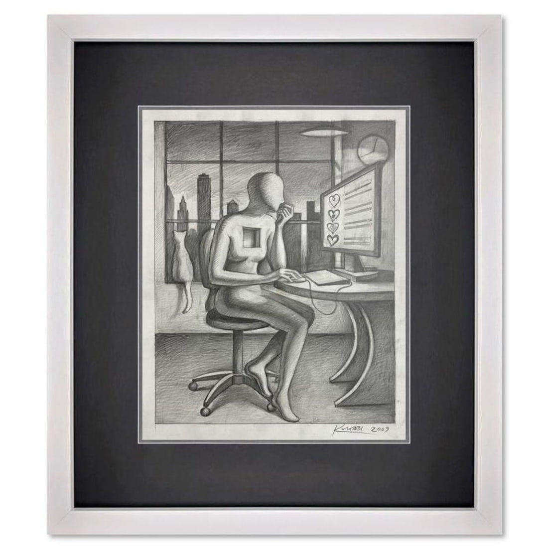 Mark Kostabi, "Heart Shaped Box" Framed Original Drawing on Paper, Hand Signed with Certificate of: Heart Shaped Box is an original drawing on paper by Mark Kostabi, hand signed by the artist. This piece comes custom framed. Includes Certificate of Authenticity. Measures approx. 19.5" x 16" (frame),