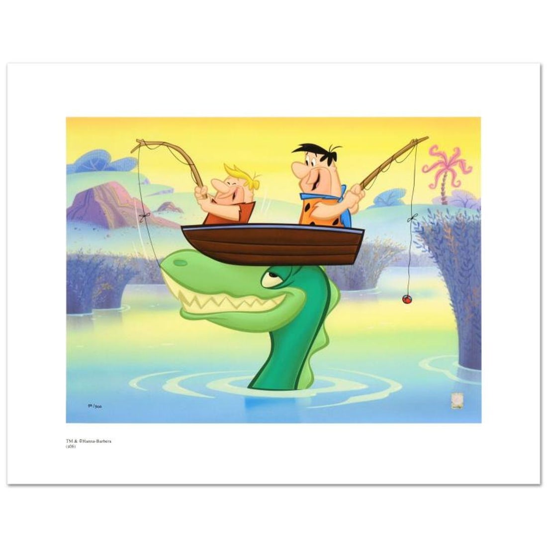 Fred and Barney Fishing Limited Edition Giclee from Hanna-Barbera, Numbered with Hologram Seal and: Fred and Barney Fishing is a limited edition giclee on paper from Hanna-Barbera, numbered with hologram seal of Authenticity. Also, includes Certificate of Authenticity! Measures approx. 20" x 16" (wi
