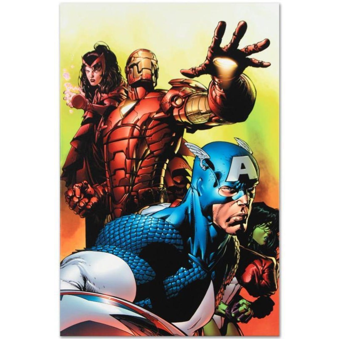 Marvel Comics "Avengers #501" Numbered Limited Edition Giclee on Canvas by David Finch with COA.: A piece of comic book history, this limited edition, from original art by David Finch, depicts the heroic Scarlet Witch, Captain America, Iron Man, and She-Hulk. In 2003, Finch came to Marvel Comics f