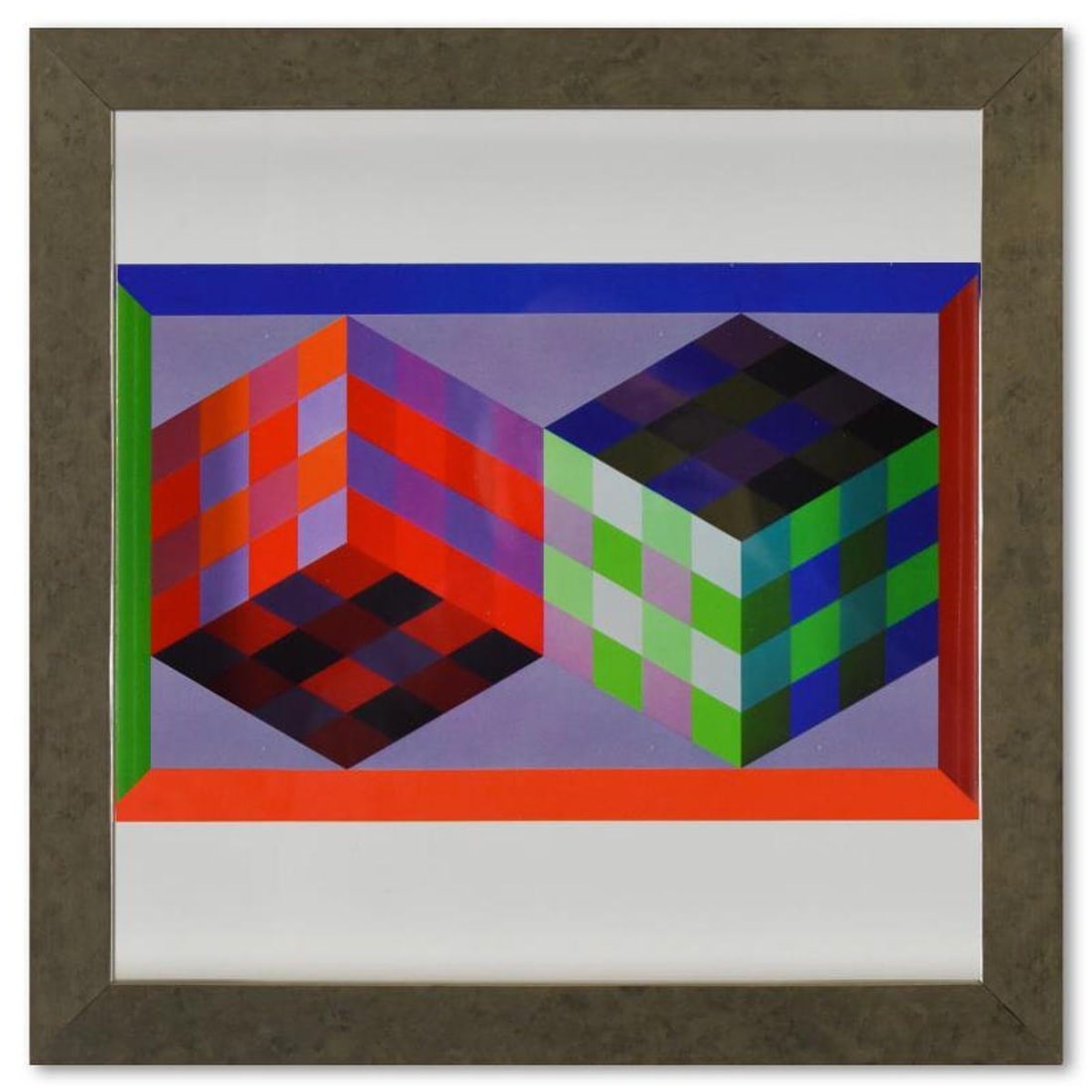 Victor Vasarely (1908-1997), "Tridim - J de la serie Hommage A L'Hexagone" Framed 1971 Heliogravure: Tridim - J de la serie Hommage A L'Hexagone is a heliogravure print on paper, published in 1971, by Victor Vasarely (1908-1997). This piece comes custom framed, with a letter of authenticity and with