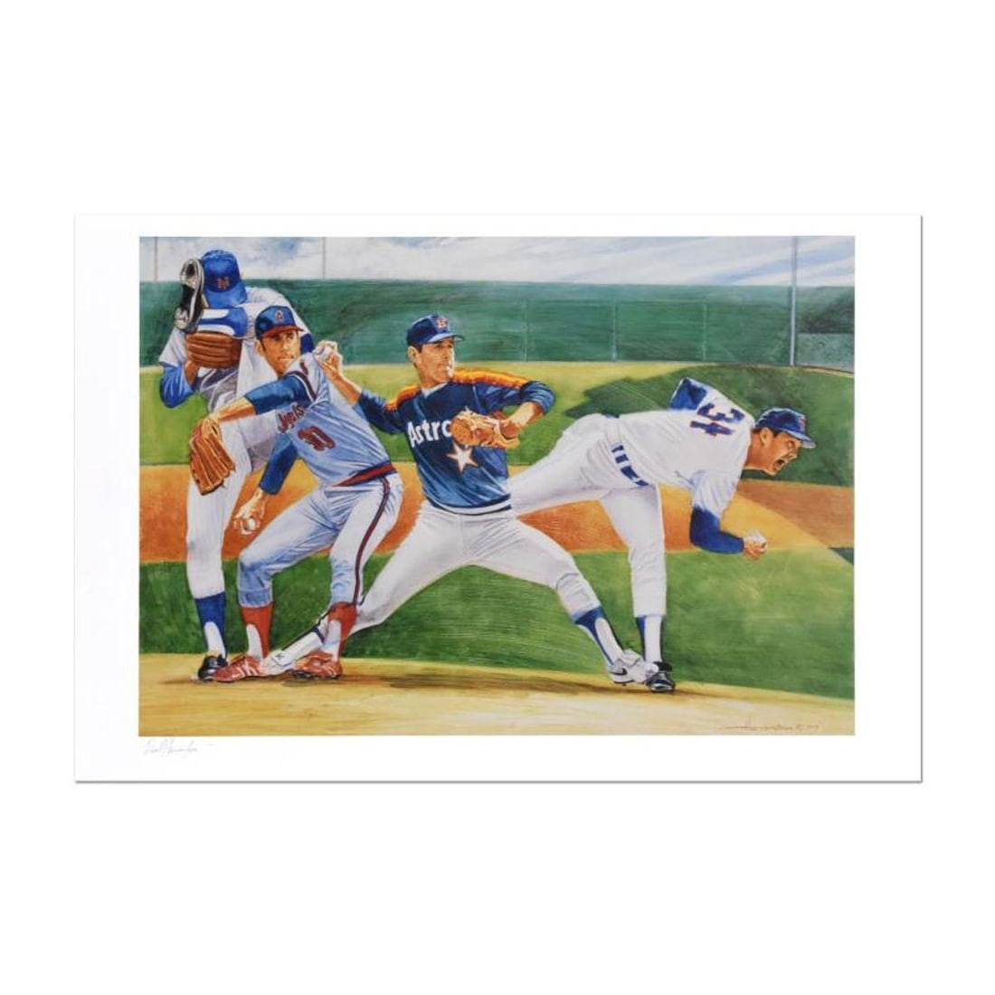 David Harrington, "Nolan Ryan" Limited Edition Lithograph, Numbered and Hand Signed with Letter of: Nolan Ryan is a limited edition lithograph on paper by David Harrington, numbered and hand signed by the artist. Includes Letter of Authenticity. Measures approx. 37" x 24.5" (border), 31" x 21" (imag