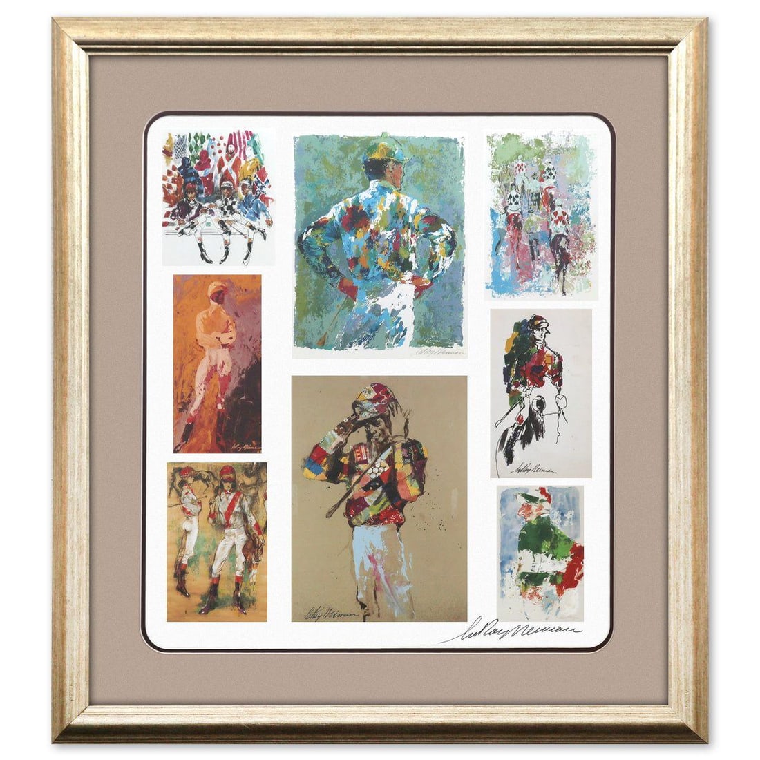 LeRoy Neiman- Offset Lithograph "Jockeys": Artist: LeRoy Neiman. Medium: Offset Lithograph. Title: Jockeys. Size: 25" x 22". Measures approx. 34" x 31" (framed). Signature: SIgned. Additional: Disclaimer: The frame shows some signs of wear con