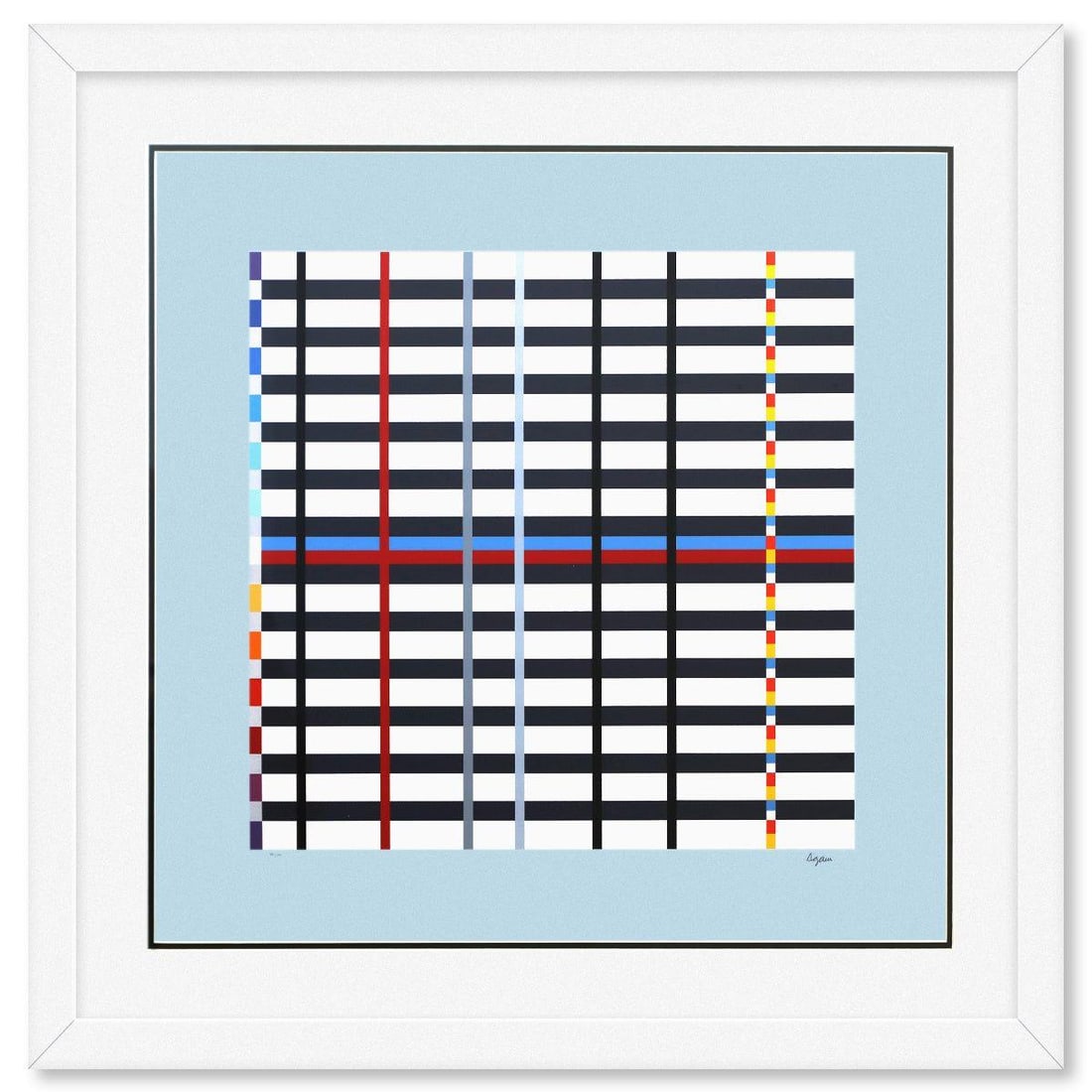 Yaacov Agam- Silkscreeen Serigraph "Homage to Mondrian": Artist: Yaacov Agam. Medium: Silkscreeen Serigraph. Title: Homage to Mondrian. Size: 26" x 27". Measures approx. 34" x 35" (framed). Signature: Hand signed and numbered. Certificate of Authenticity: I