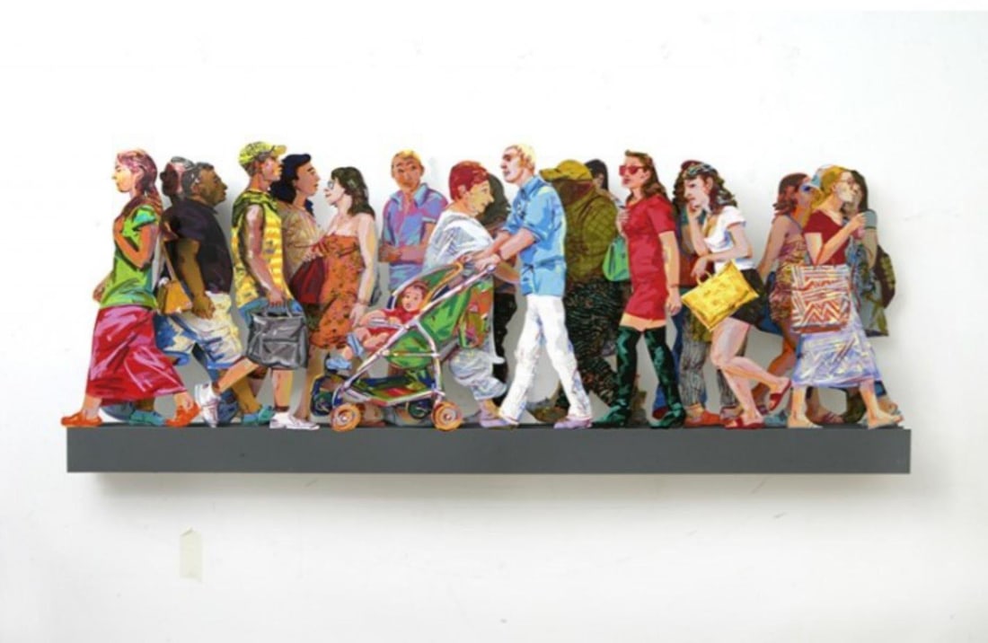David Gerstein- Mixed Media Cutout Aluminum "SHOPPERS IN MAMILA A": Artist: David Gerstein. Medium: Mixed Media Cutout Aluminum. Title: SHOPPERS IN MAMILA A. Size: 70" x 27". Signature: Signed and numbered. Certificate of Authenticity: Is included. Additional: Edition