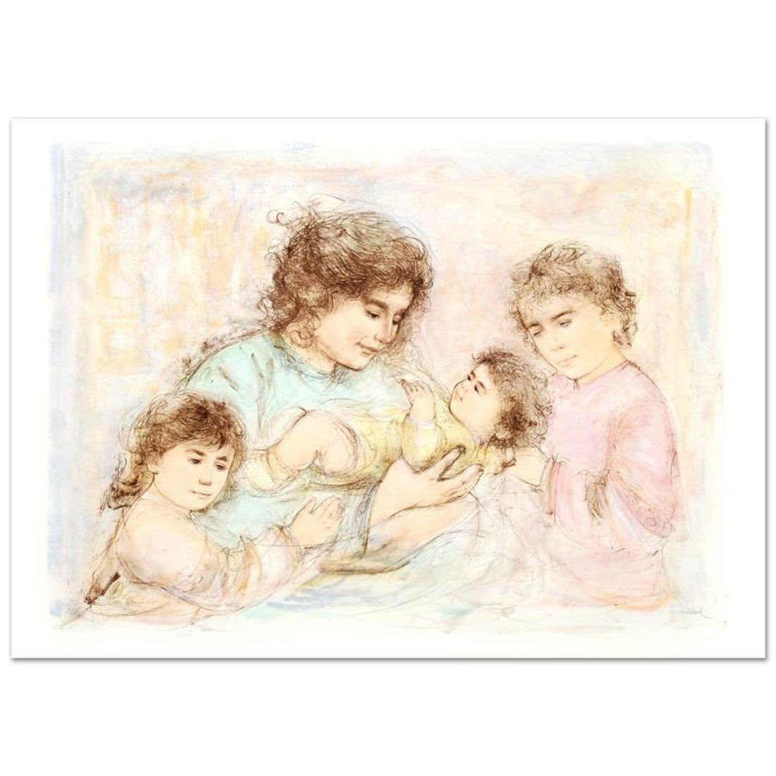 Marilyn and Children Limited Edition Lithograph (37" x 27") by Edna Hibel (1917-2014), Numbered and: Marilyn and Children is a limited edition lithograph on paper, numbered and hand signed by Edna Hibel (1917-2014). Includes Certificate of Authenticity! Measures approx. 41.5" x 30" (with border), 37"