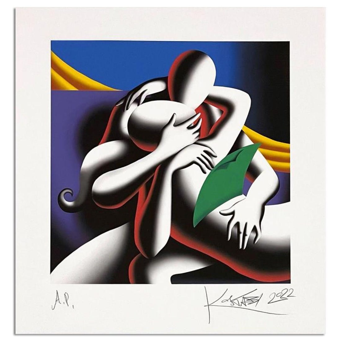 Mark Kostabi, "Transcending the Material" Hand Signed Limited Edition Giclee with Letter of: Transcending the Material is a limited edition giclee on paper by Mark Kostabi. Hand Signed by the artist, the piece comes numbered and with a letter of authenticity. Measures approximstely 25" x 23.5