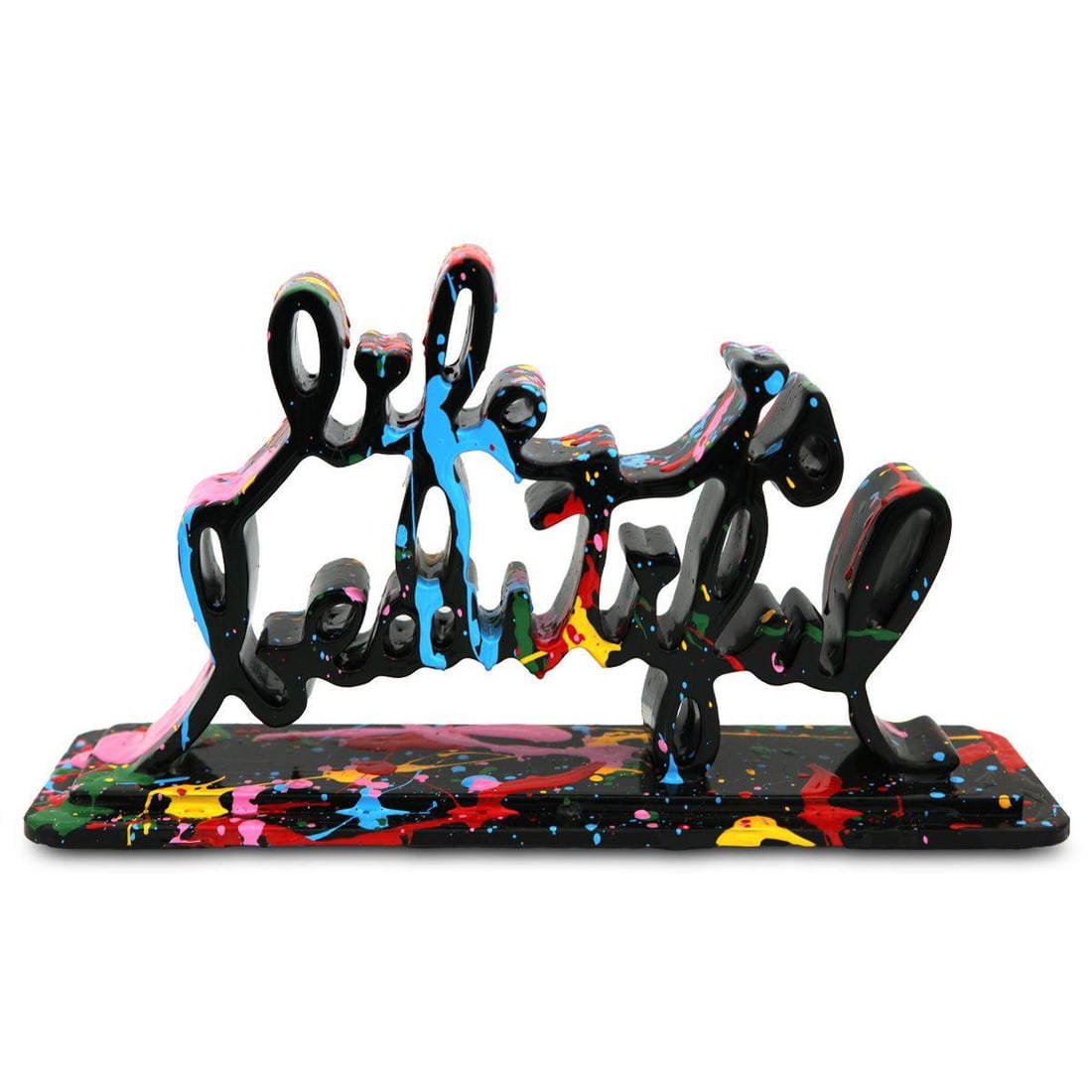 Mr Brainwash- Acrylic Dipped and Splashed Cast Resin Sculpture in Plexiglass Enclosure "Life Is: Artist: Mr Brainwash. Medium: Acrylic Dipped and Splashed Cast Resin Sculpture in Plexiglass Enclosure. Title: Life Is Beautiful - Dipped Black Splash, 2020. Size: 6" x 10.5". Signature: Signed and nu