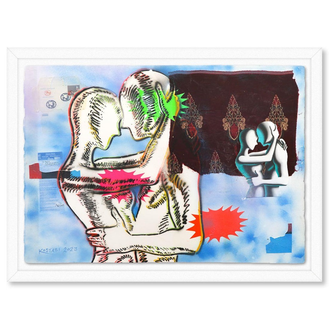 Mark Kostabi- Original Mixed Media on Paper "When Now Was Better Than Then": Artist: Mark Kostabi. Medium: Original Mixed Media on Paper. Title: When Now Was Better Than Then. Size: 29" x 42". Measures approx. 35" x 47" (framed). Signature: Hand signed. Certificate of Authenti