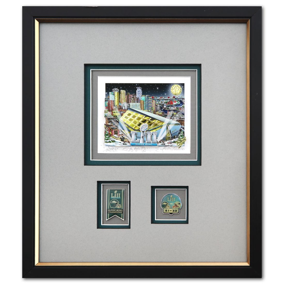 Charles Fazzino- 3D Construction Silkscreen Serigraph "Eagles Li ll": Artist: Charles Fazzino. Medium: 3D Construction Silkscreen Serigraph. Title: Eagles Li ll. Size: 6" x 7". Measures approx. 17" x 15" (framed). Signature: Hand Signed and numbered. Certificate of Auth