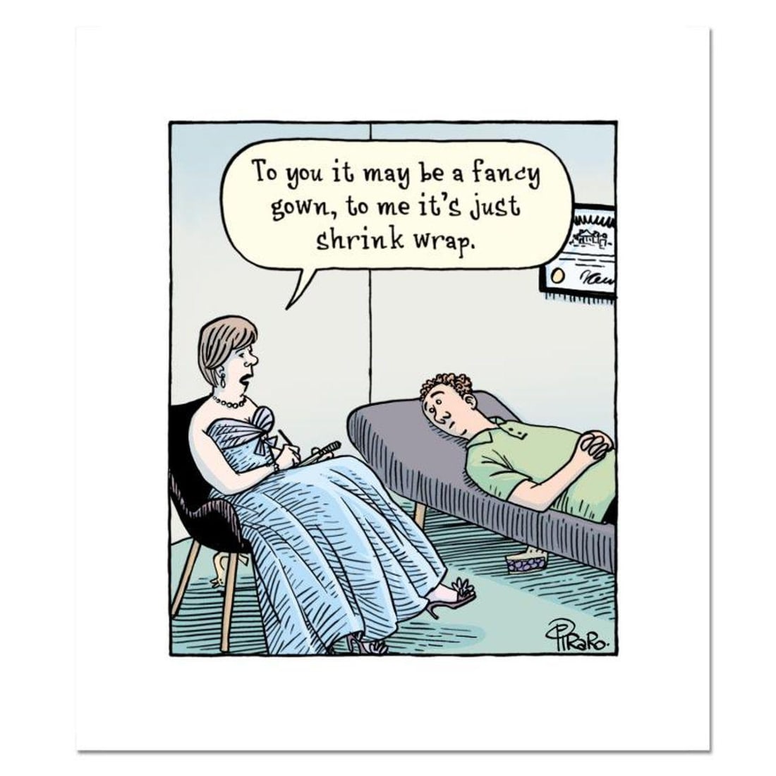 Bizarro, "Shrink Wrap" Numbered Limited Edition Hand Signed by Creator Dan Piraro; Letter of: Shrink Wrap is a limited edition giclee on paper by Dan Piraro, creator of the critically acclaimed and award winning comic strip, Bizarro! This piece is numbered and hand signed by the artist and inc