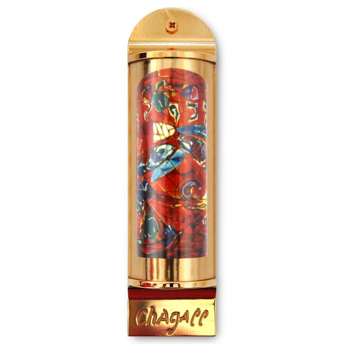 Marc Chagall- Mezuzah/ Silkscreen on 24K gold plated bronze "Zebulun": Artist: Marc Chagall. Medium: Mezuzah/ Silkscreen on 24K gold plated bronze. Title: Zebulun. Size: 5.1" x 1.4". Certificate of Authenticity: Is included. Additional: Limited edition of 1800. Full colo