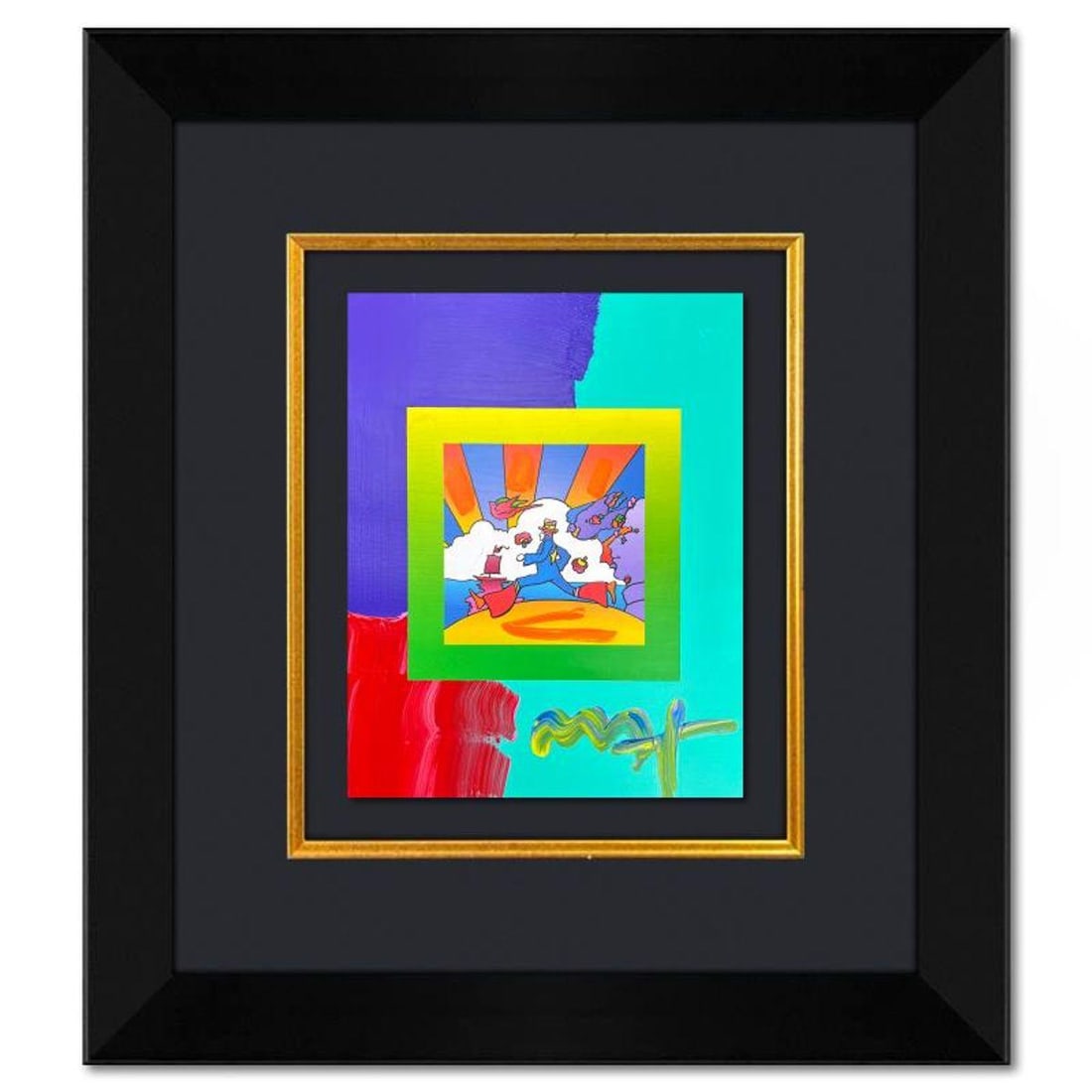 Peter Max, "Cosmic Runner" Framed One-of-a-Kind Acrylic Mixed Media, Hand Signed with Registration: Cosmic Runner is a hand signed one-of-a-kind acrylic mixed media on paper by Peter Max. The piece comes custom framed with a backside cutout to display Peter Max Studio registration number 285614 cert