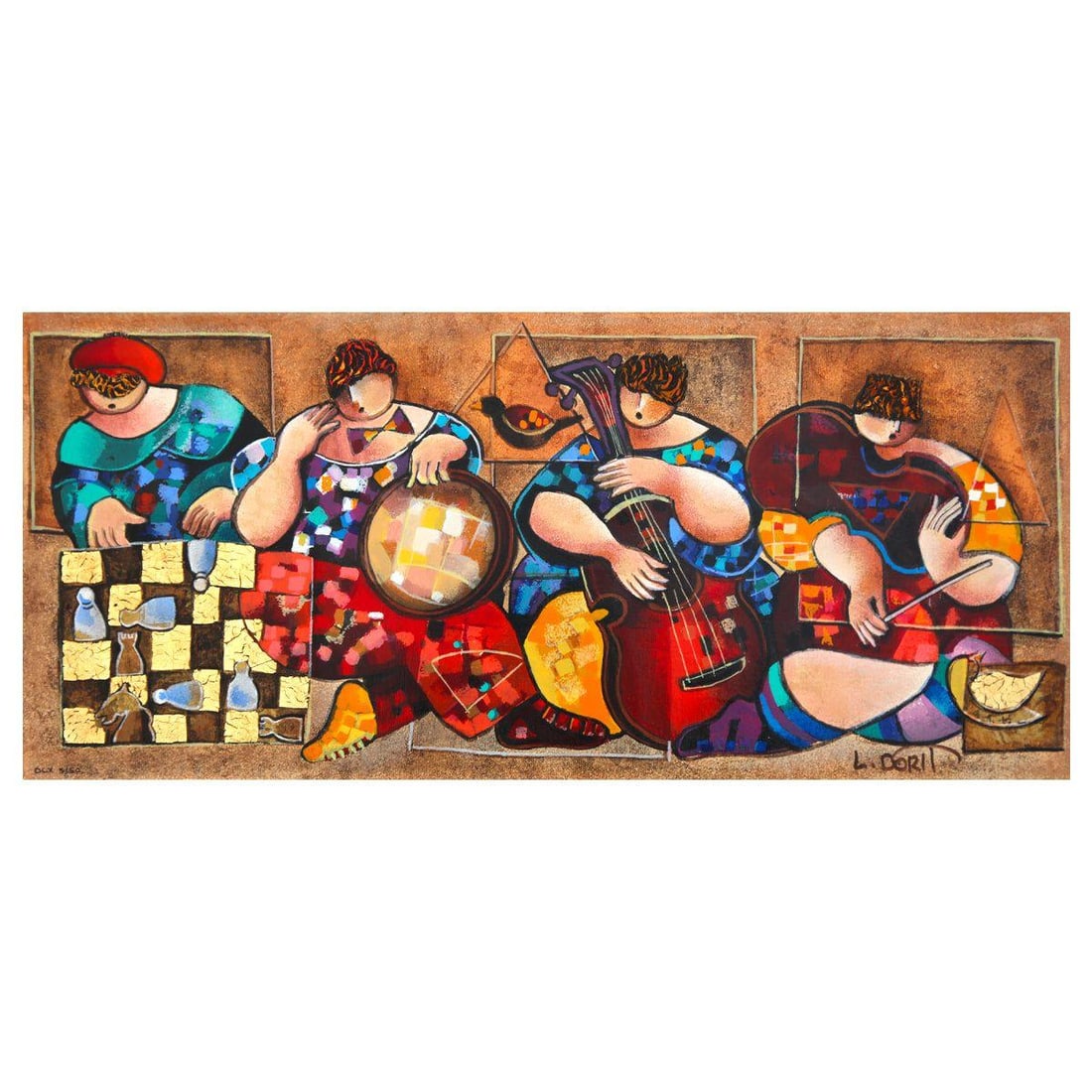 Dorit Levy- Hand Embelished Serigraph on Canvas "Chess Players": Artist: Dorit Levy. Medium: Hand Embelished Serigraph on Canvas. Title: Chess Players. Size: 11" x 24". Signature: Hand signed and numbered. Reference#: 74804.