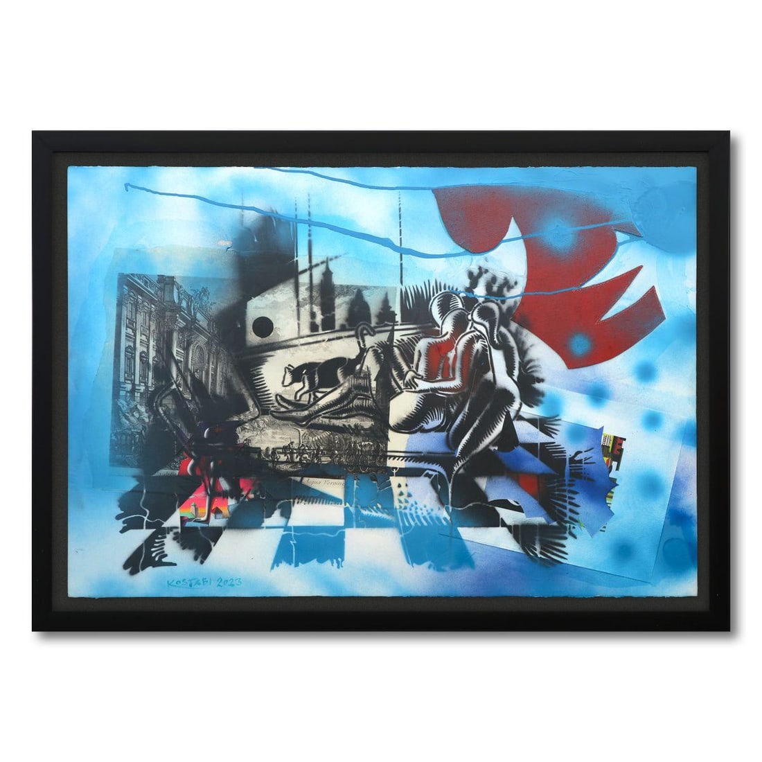 Mark Kostabi- Original Mixed Media on Paper "Shortcut to Forever": Artist: Mark Kostabi. Medium: Original Mixed Media on Paper. Title: Shortcut to Forever. Size: 30" x 44". Measures approx. 35" x 49" (framed). Signature: Hand Signed by the artist. Certificate of Auth