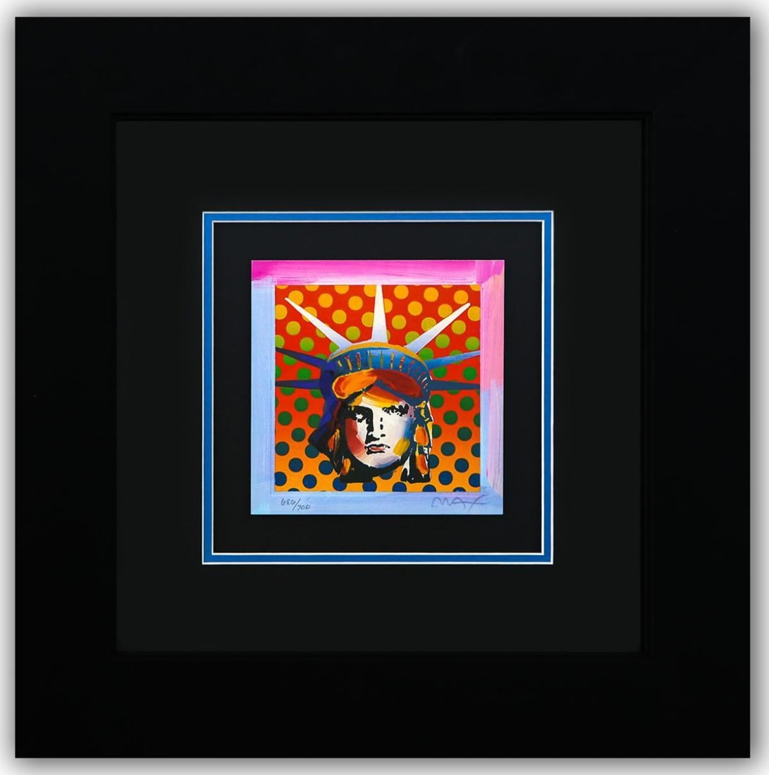Peter Max- Original Lithograph "LIBERTY HEAD (Mini)": Artist: Peter Max. Medium: Original Lithograph. Title: LIBERTY HEAD (Mini). Size: 7" x 7". Measures approx. 20" x 20" (framed). Signature: Hand Signed and Numbered by the artist. Certificate of Authen