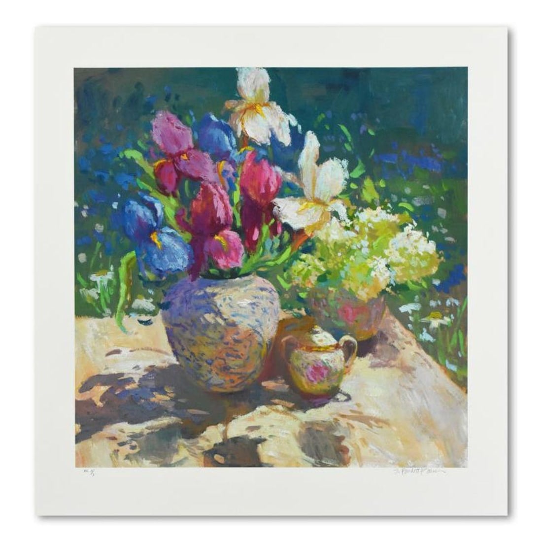 S. Burkett Kaiser, "Irises from My Garden" Limited Edition, HC Numbered 3/3 and Hand Signed with: Irises from My Garden is a limited edition giclee on paper by S. Burkett Kaiser, HC numbered 3/3 and hand signed by the artist. Includes Letter of Authenticity. Measures approx. 29" x 29" (border), 24