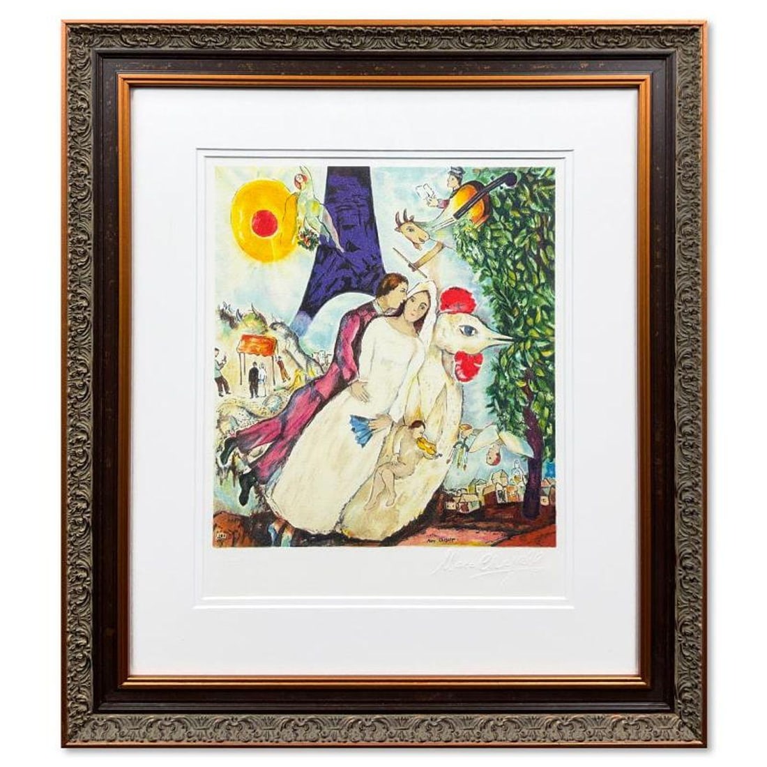 Marc Chagall (1887-1985), "Les Maries De La Tour Eiffel" Framed Limited Edition Lithograph with: Les Maries De La Tour Eiffel is a framed limited edition lithograph on paper by Marc Chagall (1887-1985) authorized by the Chagall Estate and ADAGP Paris. The piece is plate signed and comes with a le