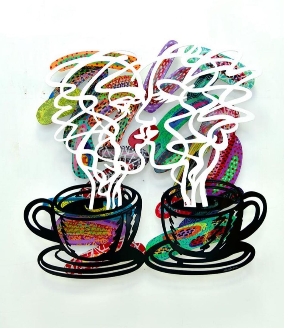 David Gerstein- Mixed Media Cutout Aluminum "Kiss": Artist: David Gerstein. Medium: Mixed Media Cutout Aluminum. Title: Kiss. Size: 37" x 37". Signature: Signed and numbered. Certificate of Authenticity: Is included. Additional: Limited edition of 150.