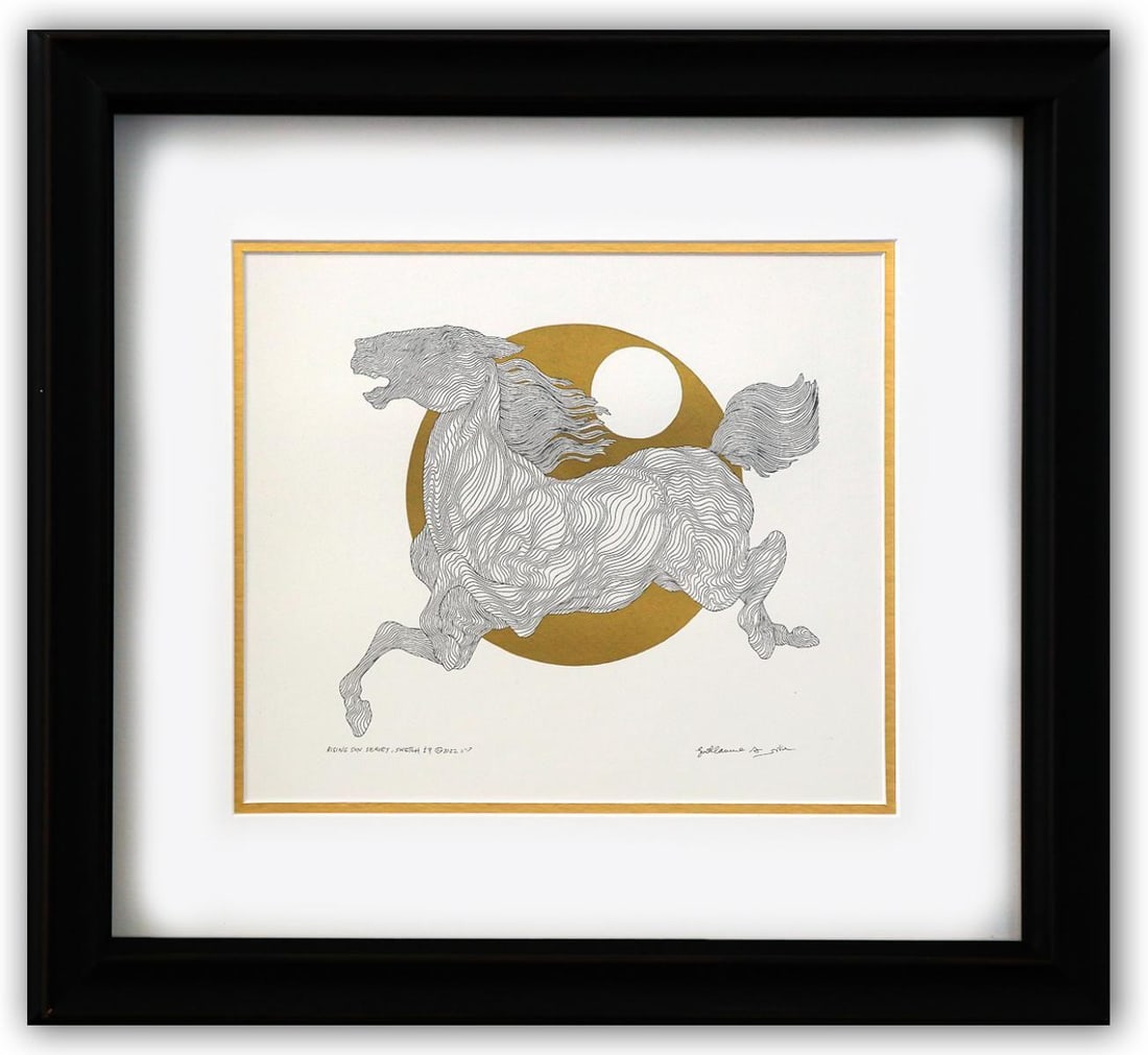 Guillaume Azoulay- Original pen and ink with hand laid gold leaf: Artist: Guillaume Azoulay. Medium: Original pen and ink with hand laid gold leaf. Size: 11" x 13". Measures approx. 19" x 21" (framed). Signature: Hand Signed and Numbered by the artist. Certificate o