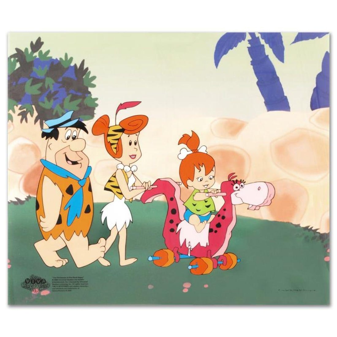Strolling with Pebbles Limited Edition SERICEL from the Popular Animated Series The Flintstones with: This truly wonderful collector's item will bring cheer to Flintstones fans of any age! "Strolling with Pebbles" is a limited edition sericel officially licensed by Universal Studios Licensing!