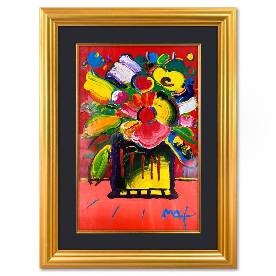 Peter Max, "Abstract Flower" Framed One-of-a-Kind Mixed Media, Hand Signed with Registration Number: Abstract Flower is a one-of-a-kind mixed media on paper, hand signed by Peter Max. The piece comes custom framed with a backside cutout to display Peter Max Studio registration number 288150 certifyin
