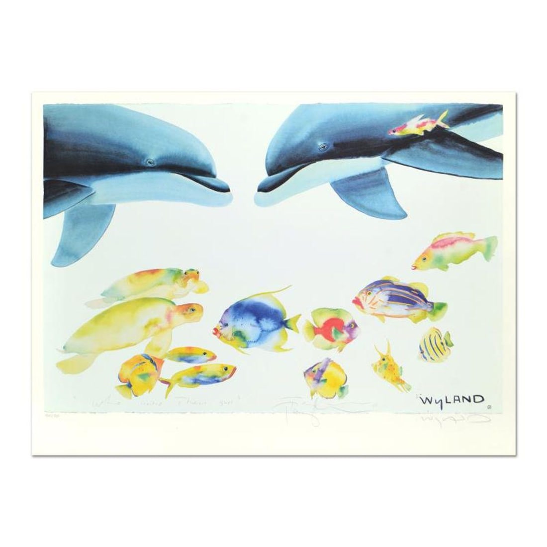 Wyland and Tracy Taylor, "Who Invited These Guys?" Limited Edition Lithograph, Numbered and Hand: Who Invited These Guys? is a limited edition lithograph on paper by Wyland and Tracy Taylor, numbered and hand signed by Wyland and Taylor. Includes Letter of Authenticity. Measure approx. 33.5" x 25"