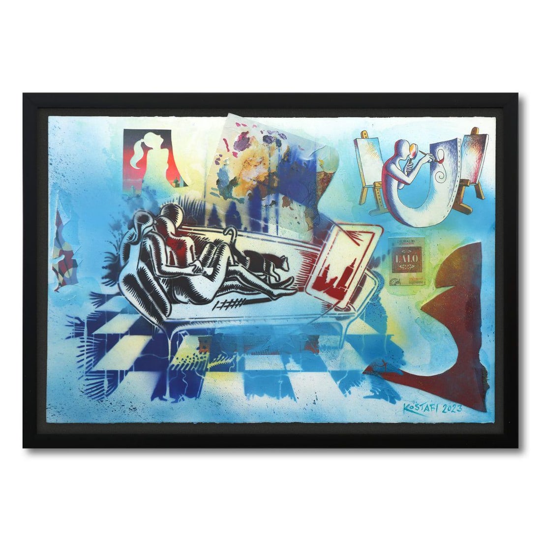 Mark Kostabi- Original Mixed Media on Paper "Endless Discovery": Artist: Mark Kostabi. Medium: Original Mixed Media on Paper. Title: Endless Discovery. Size: 30" x 44". Measures approx. 35" x 49" (framed). Signature: Hand Signed by the artist. Certificate of Authen
