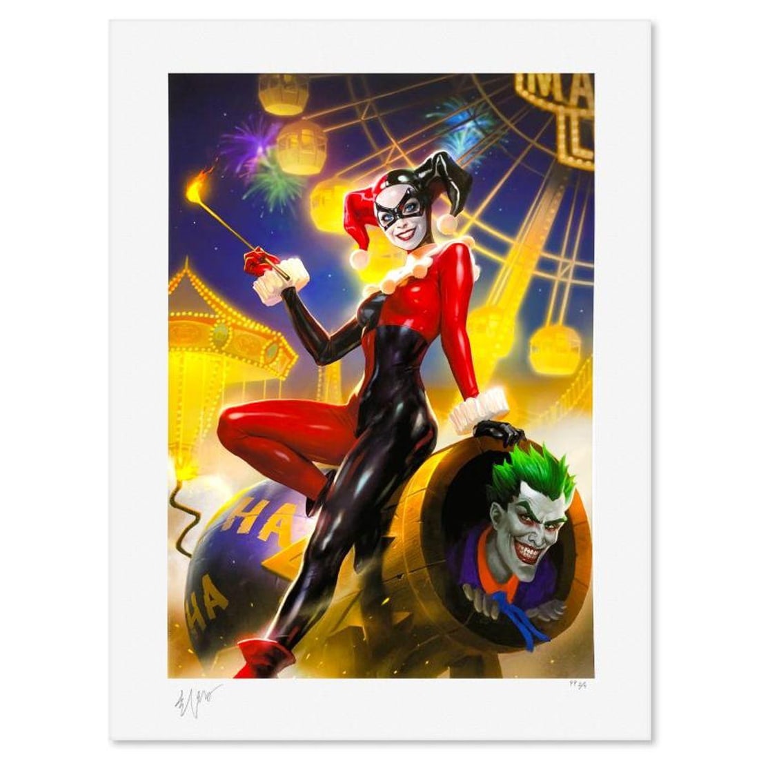 DC Comics & Heonhwa Choe, "Harley Quinn & The Joker" Limited Edition, PP Numbered 3/4 and Signed: Harley Quinn & The Joker is a limited edition giclee on paper by Heonhwa Choe, PP numbered 3/4 and bearing the authorized signature of the artist. Includes Letter of Authenticity. Measures approx.