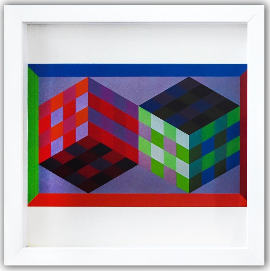 Victor Vasarely- Heliogravure Print "Tridim - J": Artist: Victor Vasarely. Medium: Heliogravure Print. Title: Tridim - J. Size: 10" x 10". Measures approx. 12" x 12" (framed). Additional: Custom Framed , 1971. Reference#: 21384.
