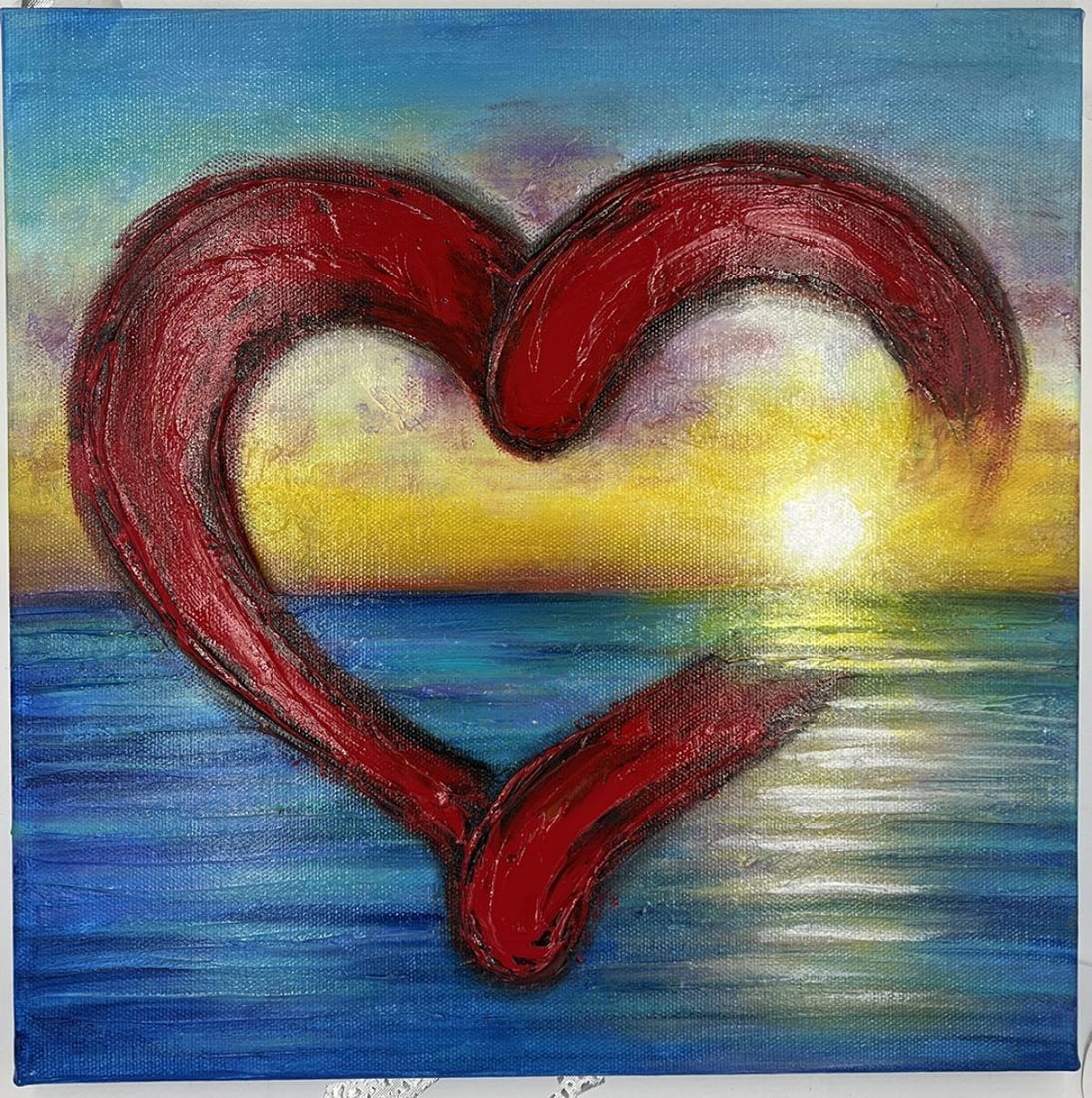 Lona Shore- Original painting on canvas "Sunset Heart 3": Artist: Lona Shore. Medium: Original painting on canvas. Title: Sunset Heart 3. Size: 12" x 12". Signature: Hand Signed. Reference#: 82588.
