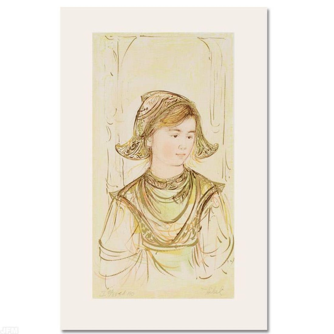 Helen Limited Edition Lithograph by Edna Hibel, Numbered and Hand Signed with Certificate of: Wild lines and muted colors make Edna Hibel's art stand out in any room. "Helen" is a limited edition lithograph on paper, numbered and hand signed by Hibel. Includes Certificate of Authenticity! Meas