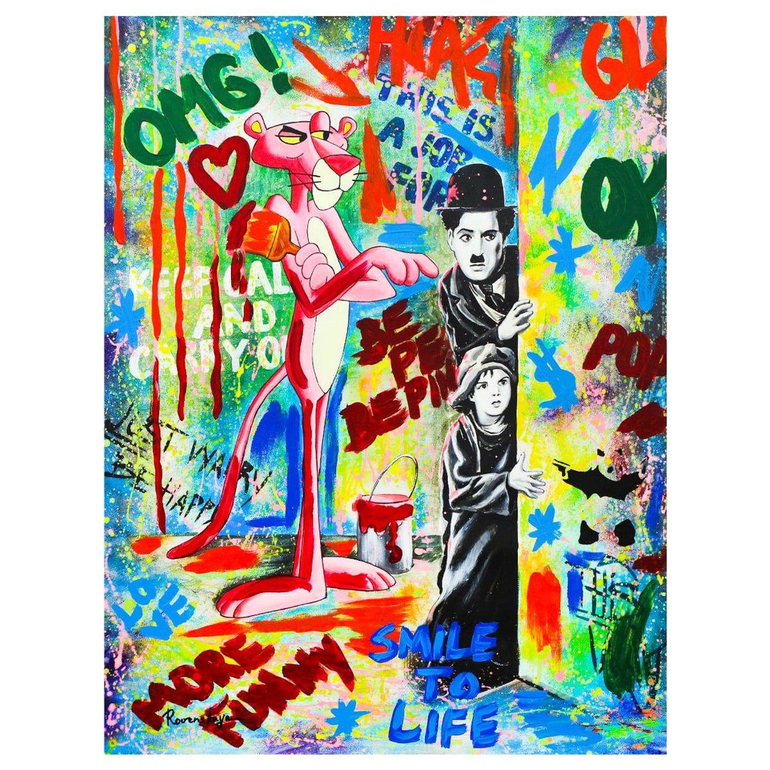 Nastya Rovenskaya- Mixed Media on Canvas "Caught Trying to Sneak In": Artist: Nastya Rovenskaya. Medium: Mixed Media on Canvas. Title: Caught Trying to Sneak In. Size: 40" x 30". Signature: Hand signed by the artist. Certificate of Authenticity: Is included. Reference#: