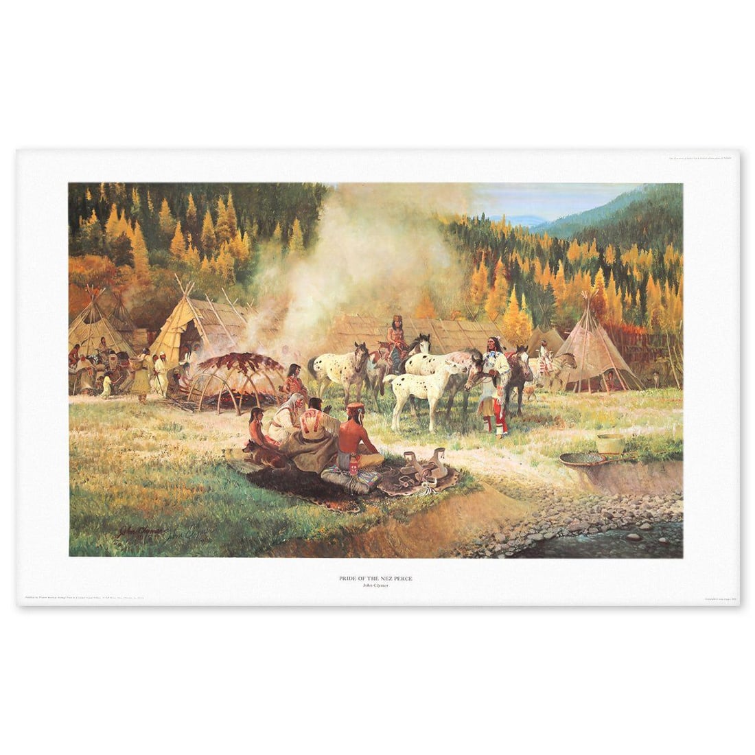John Clymer- Offset Lithograph "Pride of Nez Pierce": Artist: John Clymer. Medium: Offset Lithograph. Title: Pride of Nez Pierce. Size: 25" x 38". Signature: Signed and numbered. Reference#: 82535.
