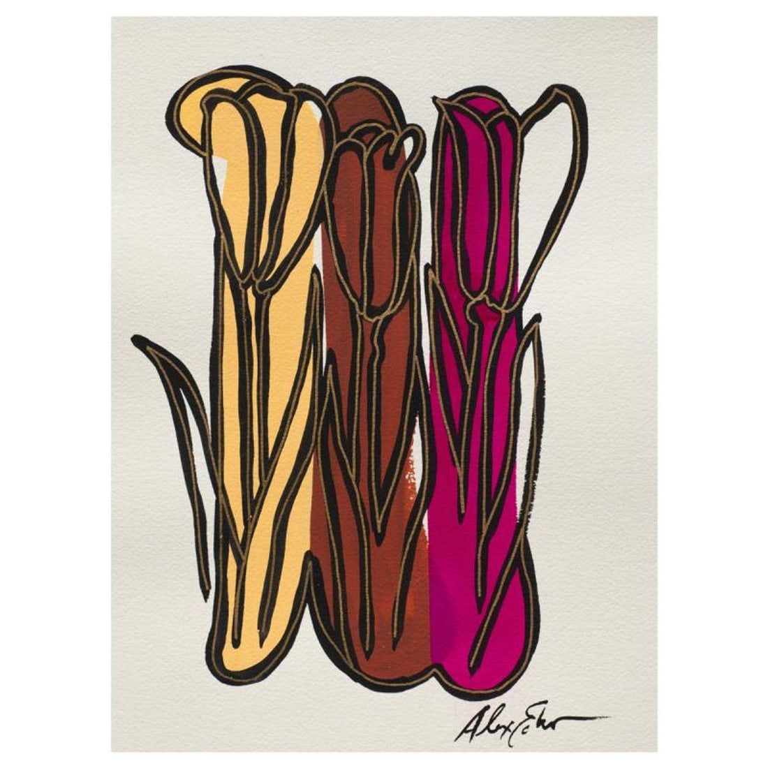 Alex Echo, "Auto Floral For Fernand" Hand Signed Original Painting with Letter of Authenticity.: Auto Floral For Fernand is an original painting, ink, gold pen, and watercolor on paper by Alex Echo. Hand signed and accompanied by a letter of authenticity. Measures approximately 12" x 9".