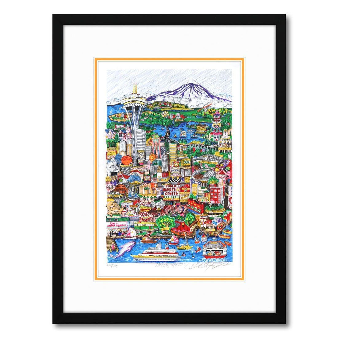 Charles Fazzino- 3D Construction Silkscreen Serigraph "Hello Seattle": Artist: Charles Fazzino. Medium: 3D Construction Silkscreen Serigraph. Title: Hello Seattle. Size: 15" x 10". Measures approx. 21" x 16" (framed). Signature: Hand Signed and Numbered. Certificate of A
