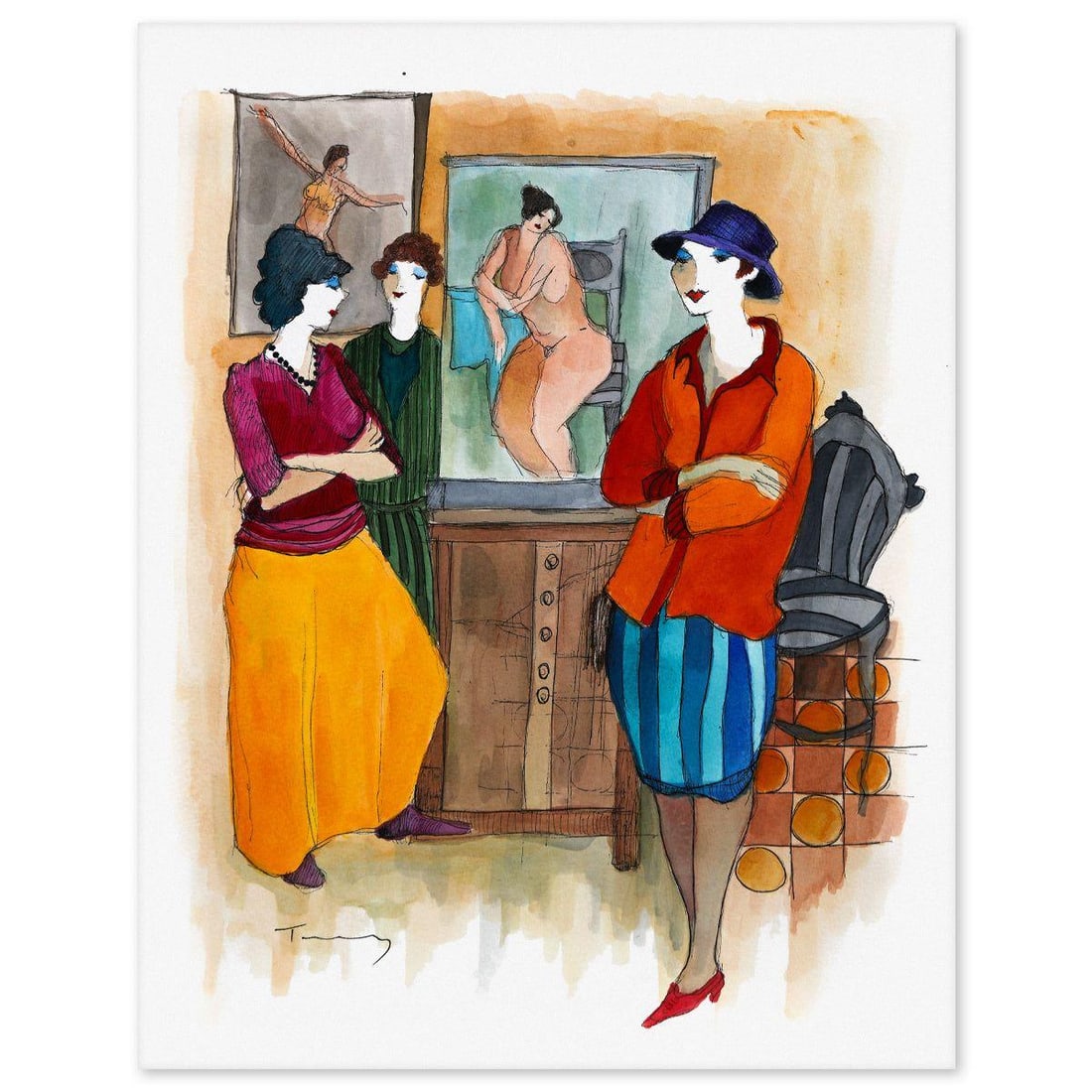 Itzchak tarkay- Original Watercolor over printed sketch on paper "Untitled": Artist: Itzchak tarkay. Medium: Original Watercolor over printed sketch on paper. Title: Untitled. Size: 14" x 11". Signature: Hand signed. Certificate of Authenticity: Is included. Reference#: 47545.