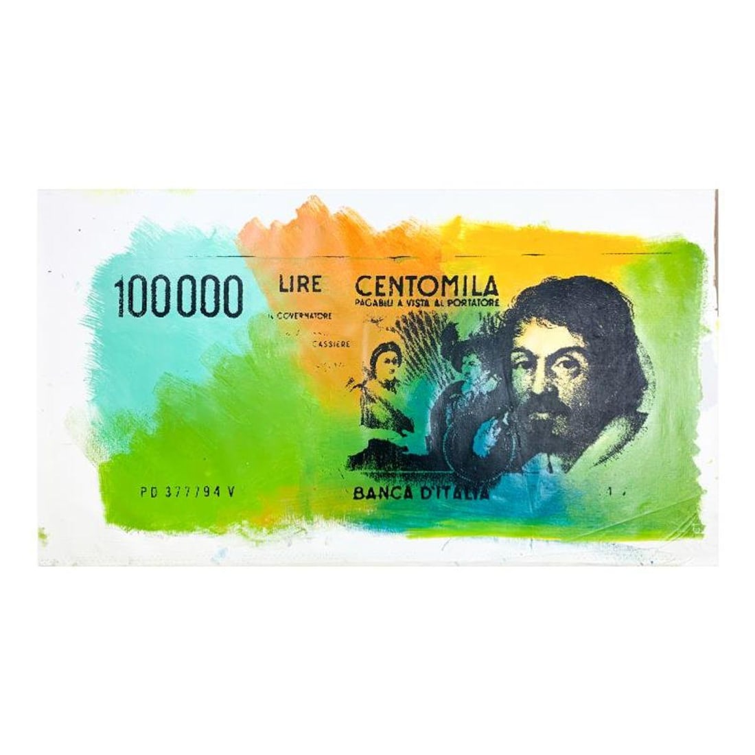 Steve Kaufman (1960-2010) "Old Italan Lire Centomila" Hand Signed and Numbered Limited Edition Hand: Old Italan Lire Centomila is limited edition hand pulled silkscreen unique mixed media on canvas by Andy Warhol protege Steve Kaufman (1960-2010). This piece is numbered and hand signed inverso and in