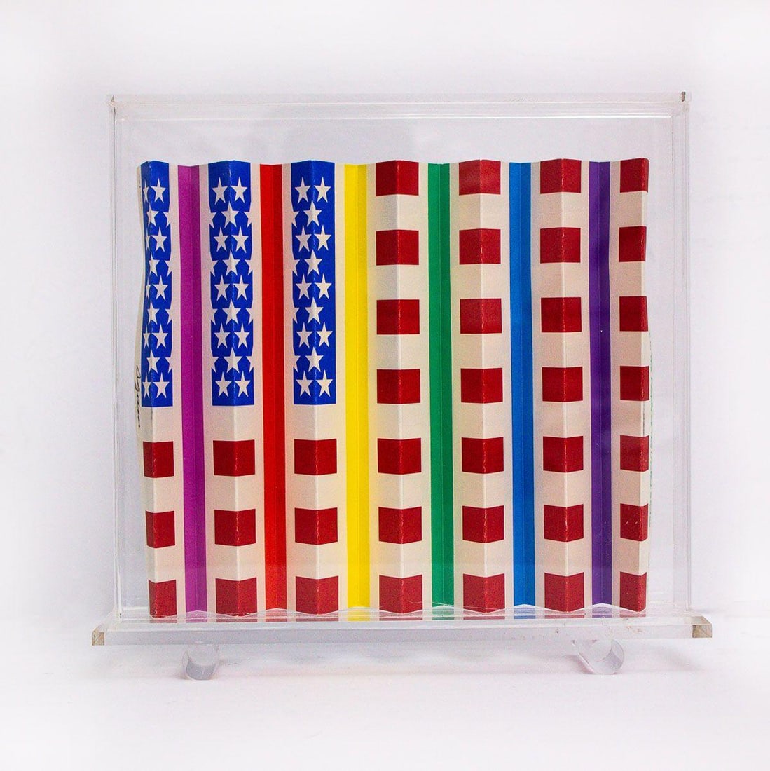 Yaacov Agam- COLOR SCREENPRINT ON FOLDED HEAVY WOVE PAPER IN PLEXYGLASS BOX FRAME "Tribute of the: Artist: Yaacov Agam. Medium: COLOR SCREENPRINT ON FOLDED HEAVY WOVE PAPER IN PLEXYGLASS BOX FRAME. Title: Tribute of the People of Israel to the People of the United States, 1985. Size: 11" x 12". Sig