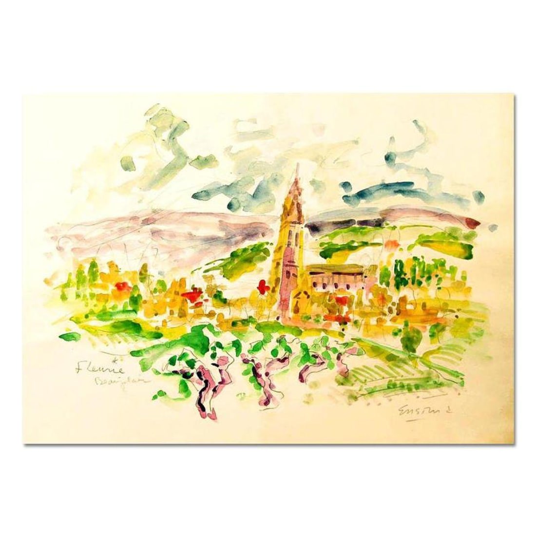 Wayne Ensrud "Village of Fleurie, Beaujolais, France" Watercolor Original Artwork; Hand Signed; COA: Village of Fleurie, Beaujolais - France is an original Watercolor on Paper by Wayne Ensrud. The piece is hand signed by the artist and comes with a Certificate of Authenticity. Measures approximately