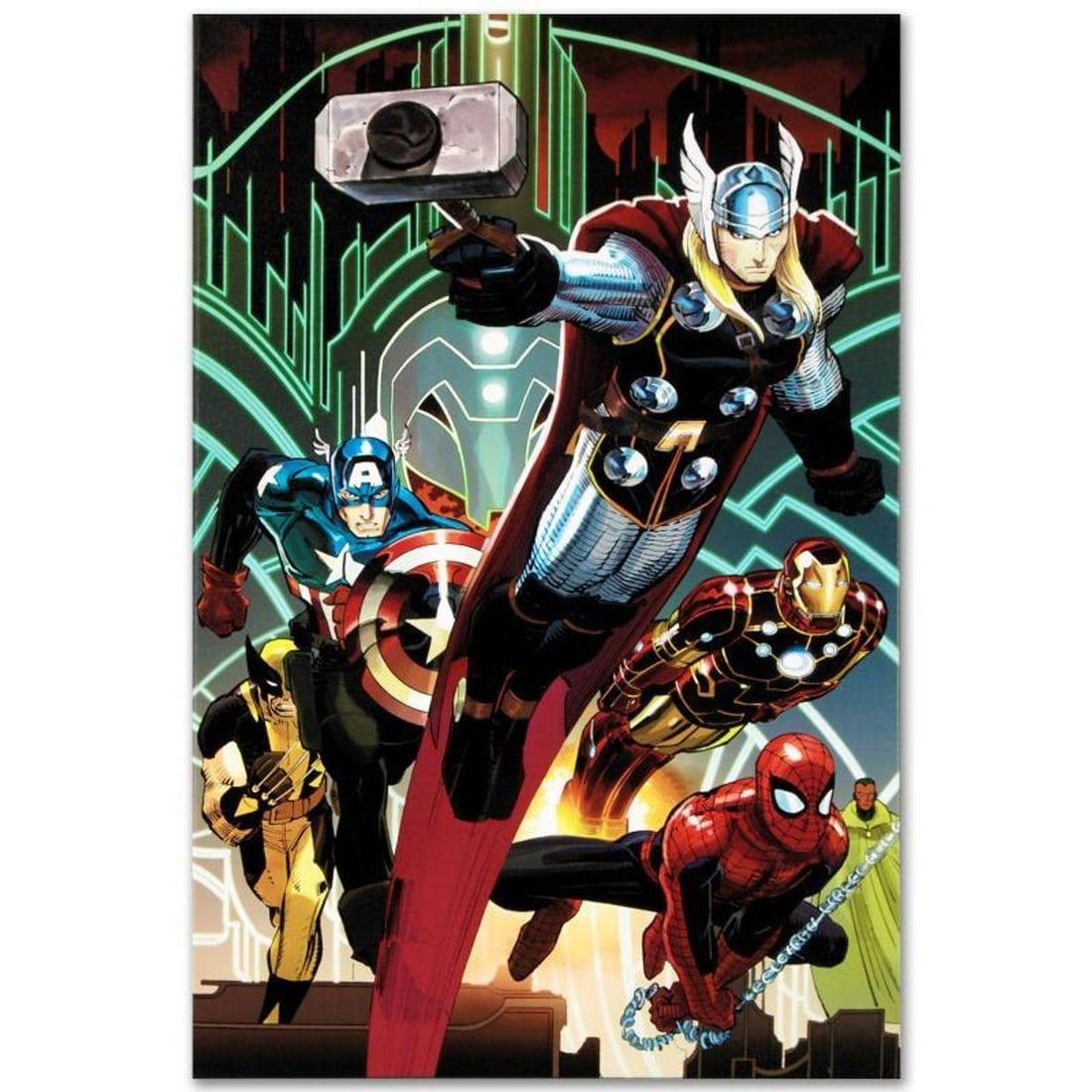 Marvel Comics "Avengers #5" Numbered Limited Edition Giclee on Canvas by John Romita Jr. with COA.: A piece of comic book history, this limited edition, from original art by John Romita Jr., depicts Captain America, Spider Man, Wolverine, Iron Man and Thor. John Romita Jr. began his career at Marvel