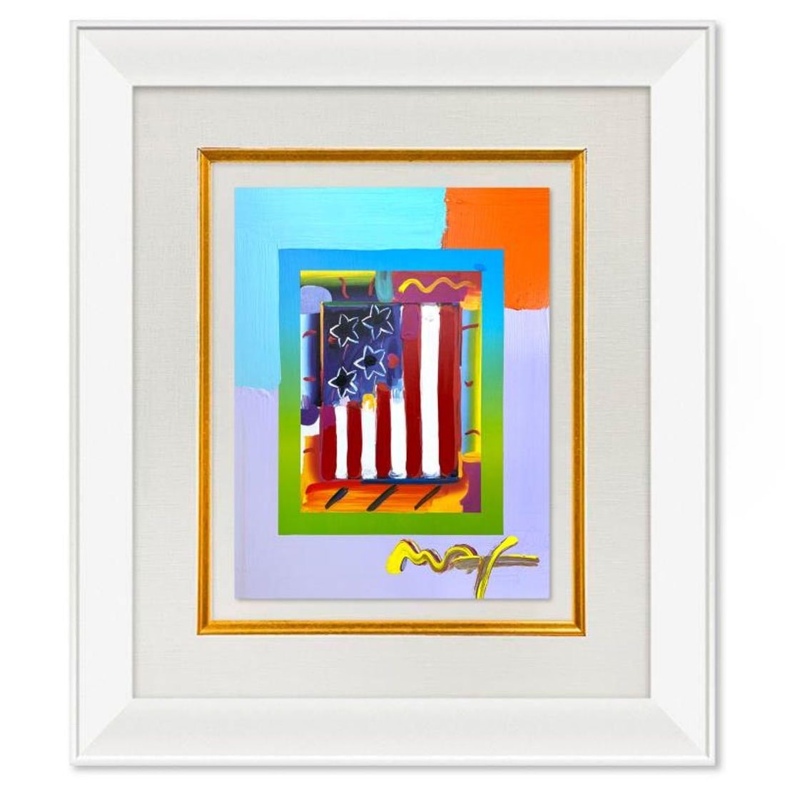 Peter Max, "Flag with Heart" Framed One-of-a-Kind Acrylic Mixed Media, Hand Signed with Registration (1 of 2)