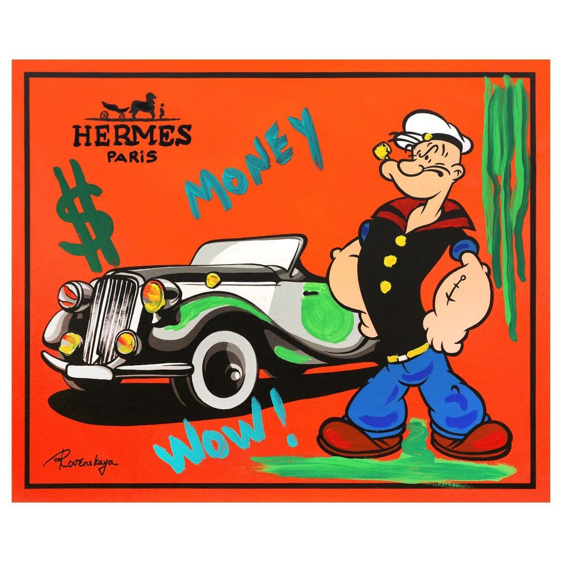 Nastya Rovenskaya- Mixed Media "Classic Ride": Artist: Nastya Rovenskaya. Medium: Mixed Media. Title: Classic Ride. Size: 24" x 30". Signature: Hand Signed. Certificate of Authenticity: Is included. Reference#: 44465.