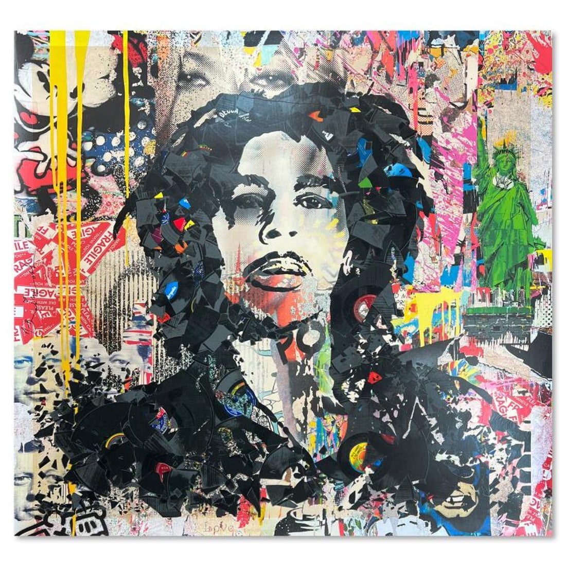 Mr. Brainwash, "Songs of Freedom" Unique (UNIQ) Mixed Media, Hand Signed with Certificate of: Songs of Freedom is a unique (UNIQ) mixed media on deckle edge paper by Mr. Brainwash, hand signed inverso and bearing the thumbprint of the artist. Includes Certificate of Authenticity. Measures appr