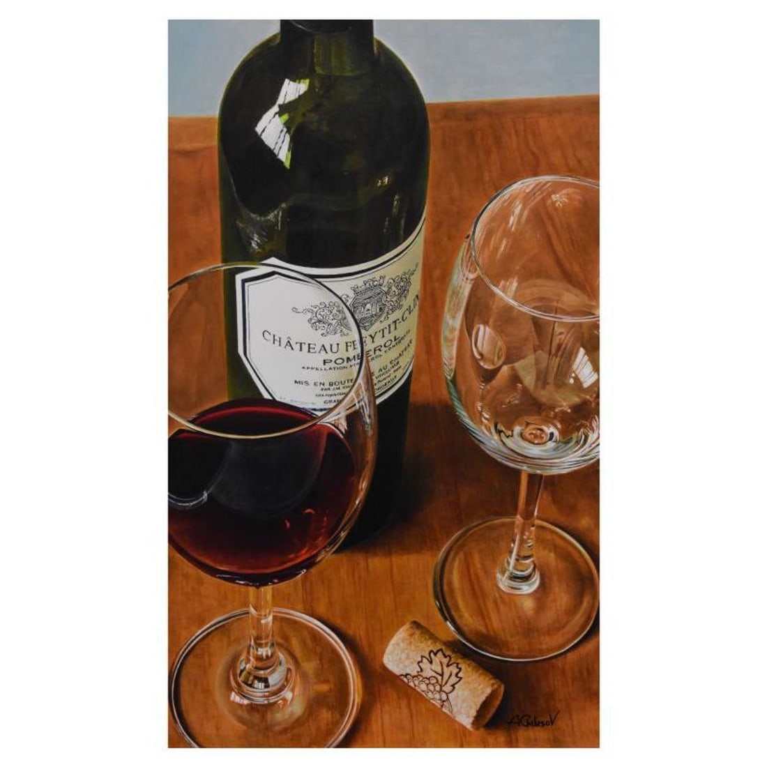 A. Chibisov, Limited Edition on Canvas, Numbered Inverso and Hand Signed with Letter of: This is a limited edition giclee on canvas by A. Chibisov featuring a bottle of Chateau Feytit Clinet Pomerol, numbered inverso and hand signed by the artist. Includes Letter of Authenticity. Measures