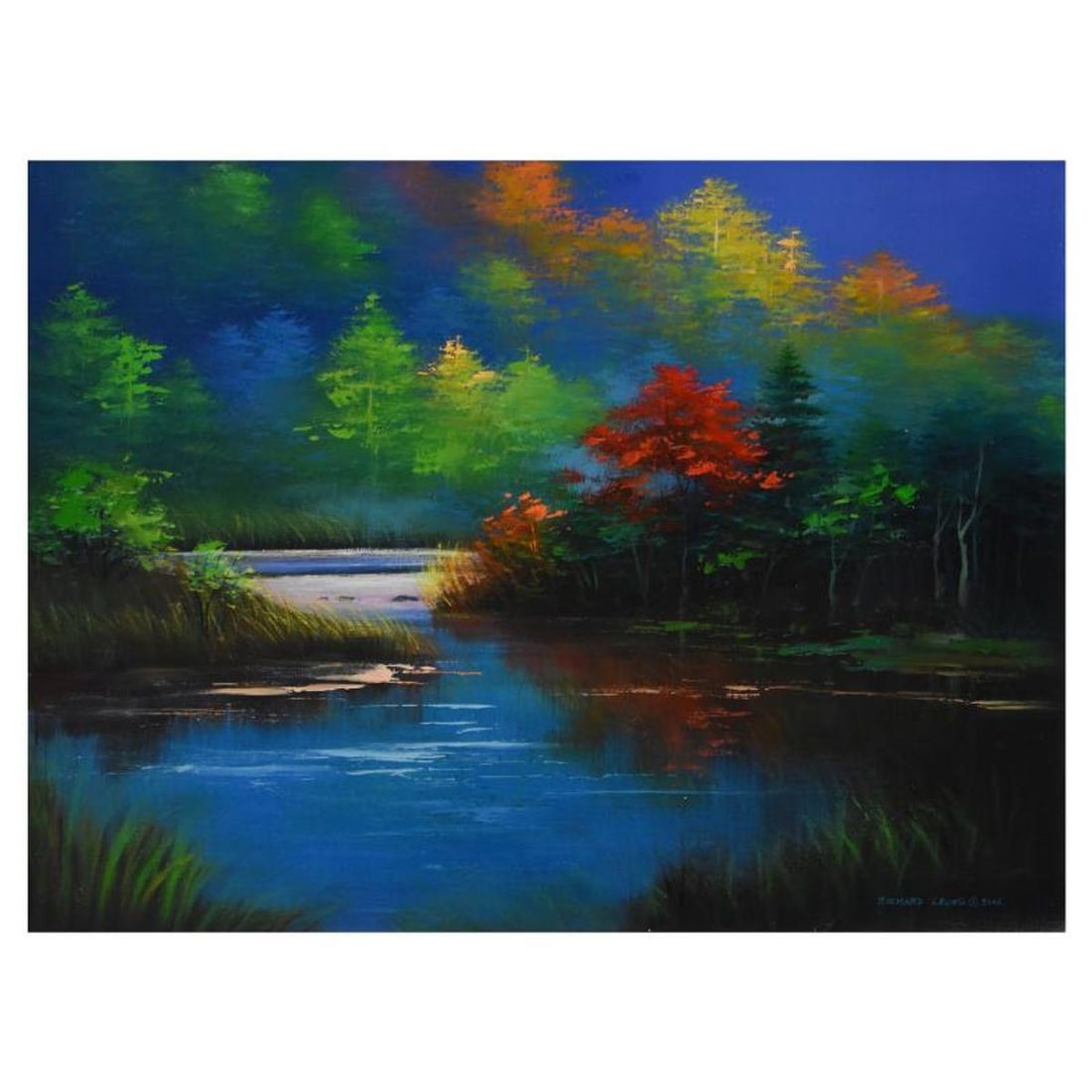 Richard Leung, "Autumn Lake" Original Oil Painting on Canvas, Hand Signed with Letter of: Autumn Lake is an original oil painting on canvas by Richard Leung, hand signed by the artist. Includes Letter of Authenticity. Measures approx. 24" x 18" (image).
