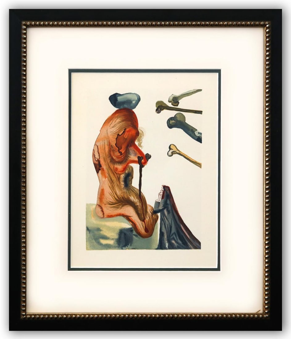 Salvador Dali- Original Color Woodcut on B.F.K. Rives Paper "Inferno 18": Artist: Salvador Dali. Medium: Original Color Woodcut on B.F.K. Rives Paper. Title: Inferno 18. Size: 13" x 10". Measures approx. 22" x 18" (framed). Certificate of Authenticity: Is included. Addition