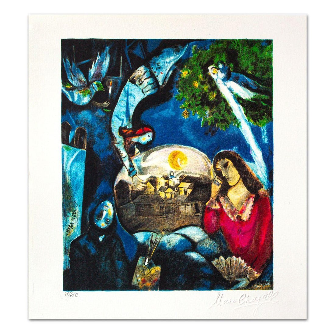 Marc Chagall- Lithograph "Autour D'elle": Artist: Marc Chagall. Medium: Lithograph. Title: Autour D'elle. Size: 15.5" x 14". Signature: Stamp signed and numbered. Certificate of Authenticity: Is included. Additional: Printed by Atelier Mourlo