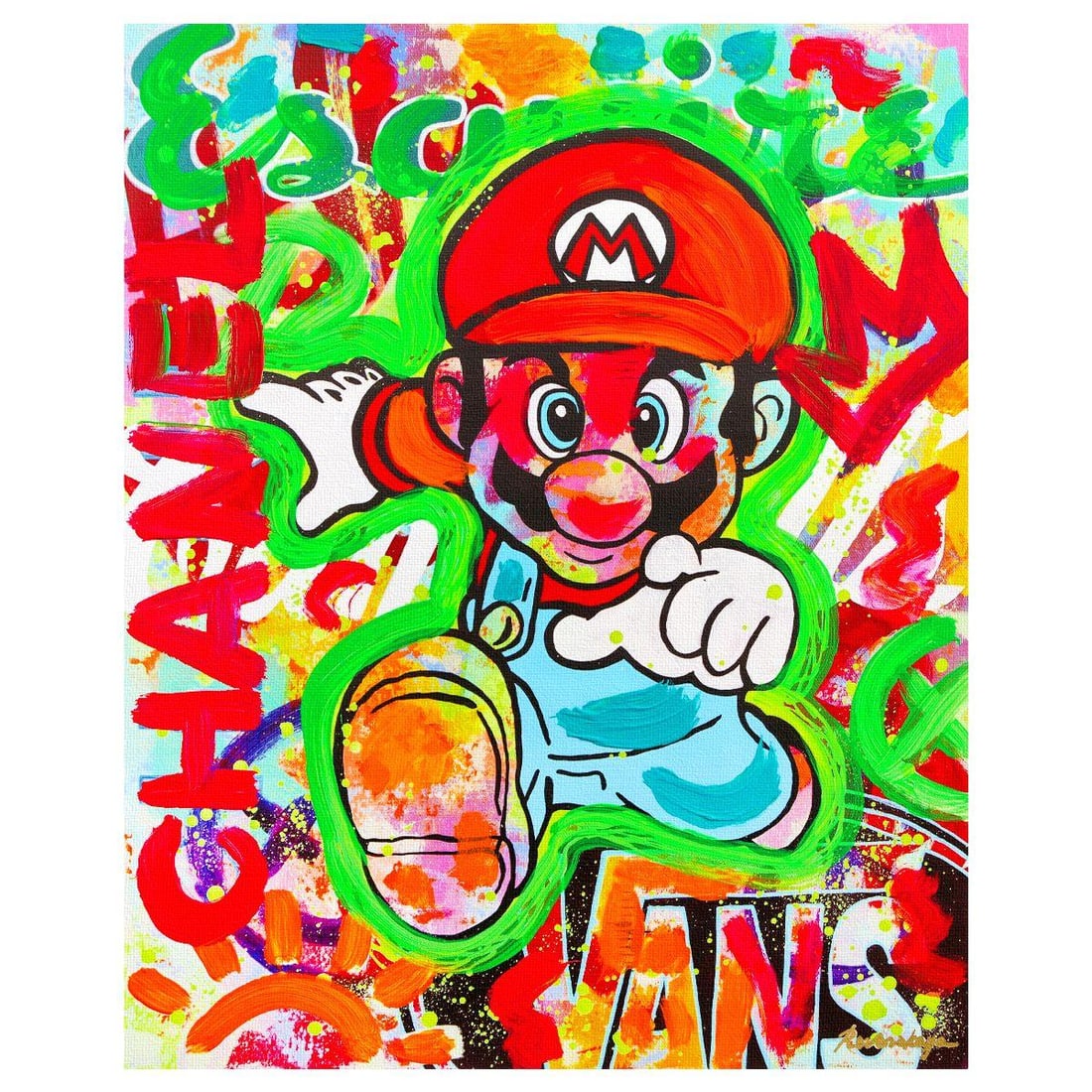 Nastya Rovenskaya- Mixed Media on Canvas "Super Mario's Urban Quest": Artist: Nastya Rovenskaya. Medium: Mixed Media on Canvas. Title: Super Mario's Urban Quest. Size: 20" x 16". Signature: Hand signed. Certificate of Authenticity: Is included. Reference#: 26339.